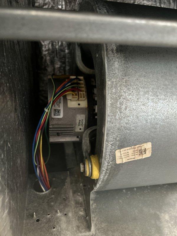 Responded to no cooling call on 3-year-old electric heat pump system with indoor blower motor failure. Upon arrival, confirmed indoor air handler blower was not operating. Accessed air handler cabinet located near side door and performed diagnostic evaluation of blower motor circuit and control board. Inspected wiring connections at control board terminals, checked capacitor condition, and verified power supply to motor assembly. Documented existing equipment conditions including control board configuration, wire connections, and component layout with photographs for service records. Identified blower motor circuit malfunction preventing system operation and provided repair recommendations to restore cooling function.