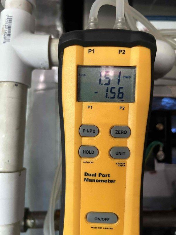 Completed routine HVAC maintenance on garage-located gas furnace and heat pump system. Replaced 16x25x4 air filter as included in care plan. Performed system diagnostics using digital manometer to verify proper static pressure readings across the system, recording measurements of 151 and -156 inches water column on dual ports. Documented all temperature and pressure readings with calibrated test equipment to ensure system operating within manufacturer specifications.