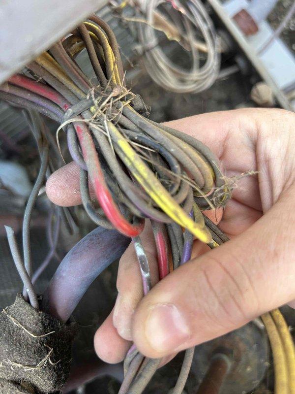 # No Cooling - 15+ Year Old System

Responded to no cooling call for residential air conditioning system over 15 years old affecting entire home. Upon inspection, discovered failed control wiring with significant age-related deterioration, including degraded insulation and compromised connections. Replaced damaged low-voltage wiring bundle to restore proper communication between thermostat and outdoor condensing unit. Verified furnace air handler operation and confirmed all electrical connections secured. System restored to full cooling operation with proper airflow throughout residence.