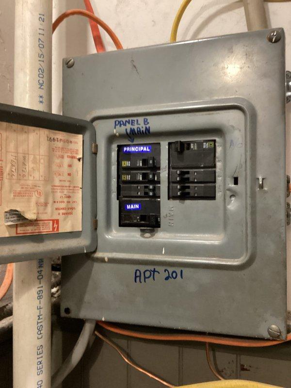 Conducted electrical estimate and inspection at apartment unit 201, Panel B. Assessed existing electrical circuit breaker panel configuration with multiple branch circuits serving the unit. Documented panel conditions including breaker arrangement, wire routing, and labeling system. Evaluated attic access point and associated electrical infrastructure for potential scope of work. Provided second opinion on proposed electrical modifications and identified considerations for safe completion of requested electrical upgrades.