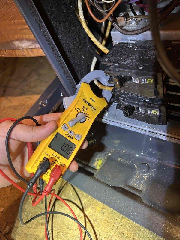 Completed comprehensive Care Plan tune-up on ground floor air conditioning unit located in AC closet. Performed standard maintenance procedures including system inspection, electrical diagnostics using clamp meter to verify proper amperage draw on circuit conductors, and evaluation of electrical panel connections. All system components operating within normal parameters at time of service.