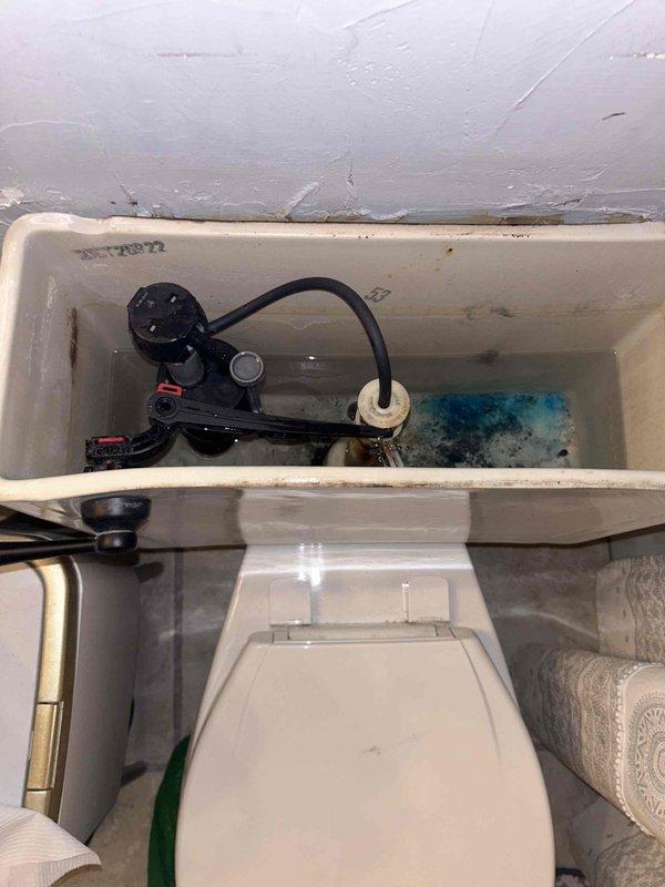 Responded to multi-service plumbing call addressing issues in both bathrooms. Inspected master bathroom toilet for intermittent running condition and assessed tank components for wear and malfunction. Examined hall bathroom toilet tank with active leak at rear of tank, documented significant mineral deposits and internal staining affecting tank integrity. Evaluated hall shower with dripping showerhead requiring washer or cartridge replacement. Assessed tub drain with backup issue indicating partial obstruction in drain line. Documented existing conditions through photography showing deteriorated flush valve assembly, corroded tank components, and mineral buildup throughout affected fixtures. Provided assessment and recommendations for necessary repairs including tank seal replacement, flush valve rebuild, showerhead repair, and drain cleaning service to restore proper function to all affected plumbing fixtures.