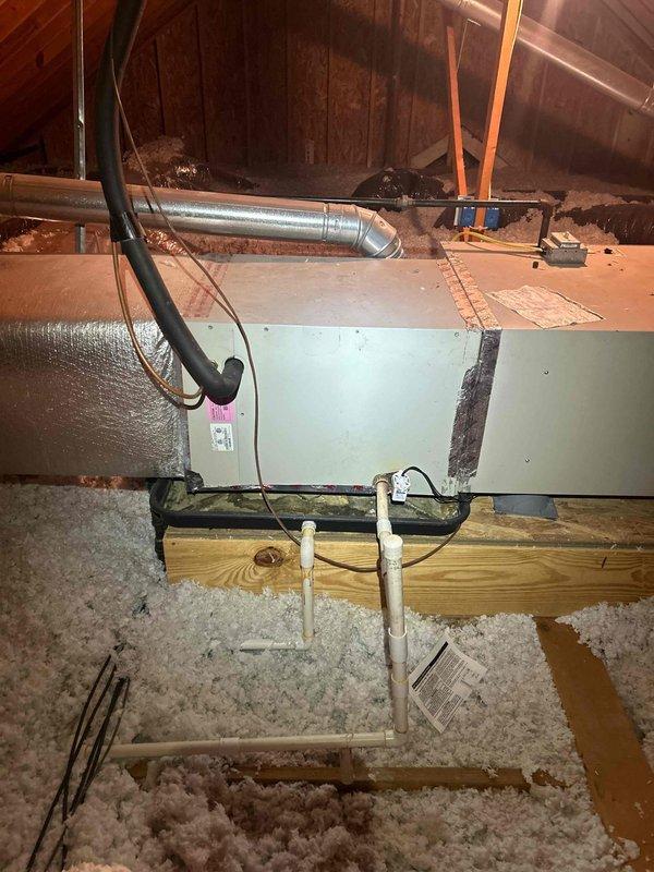 Responded to no-cool condition on upstairs zone with 15-year-old electric air conditioning system. Attic-mounted air handler was evaluated along with associated ductwork, refrigerant lines, and condensate drainage system. Due to system age and condition, provided comprehensive replacement estimate for complete HVAC system upgrade to restore cooling capacity and improve energy efficiency.