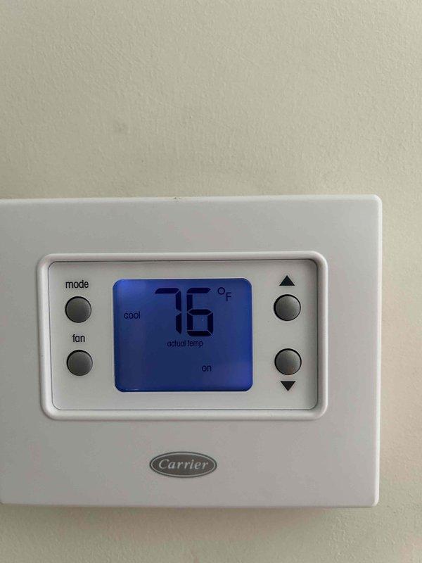 Completed Club Single maintenance on gas furnace and air conditioning system. Installed 16x25x1 air filter, verified thermostat operation showing 76°F in cooling mode, and performed electrical diagnostics measuring 595 volts AC on system components. Delivered requested invoice copy to customer and documented equipment condition with photos.