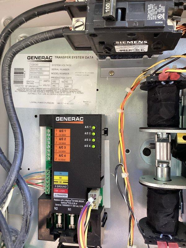 Responded to no power condition at residential property where utility company confirmed power present at meter. Upon arrival, inspected electrical system and determined issue was related to Generac Guardian 16kW backup generator transfer system. Examined transfer switch panel and associated components including Siemens main breaker and control module with AC circuit indicators. Diagnosed malfunction in automatic transfer switch preventing proper power distribution from utility source to home circuits. Restored full power to residence by addressing transfer switch operation and verifying all circuits functioning properly.
