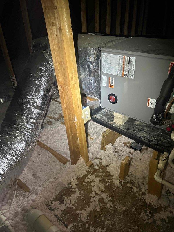 Conducted attic and mechanical room assessment for whole-home dehumidifier installation estimate. Inspected existing HVAC air handler unit located in attic space and evaluated mechanical room equipment configuration to determine optimal integration points for IAQ enhancement system. Documented current system layout including ductwork routing, electrical access points, and available installation space to provide comprehensive dehumidification solution recommendations.