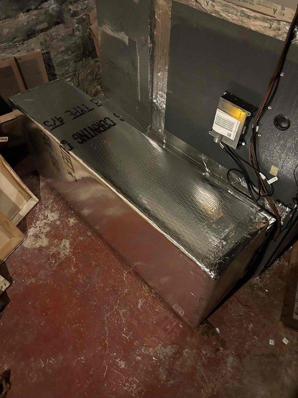 Performed system evaluation on recently installed heat pump and coil following ductwork modifications. Assessed return air configuration exiting from rear of gas furnace and documented current installation with photos. Identified need for additional duct modifications to correct airflow restrictions. System requires further adjustment of refrigerant charge once proper airflow is established through modified return plenum. Furnace cleaning recommended as part of optimization process.