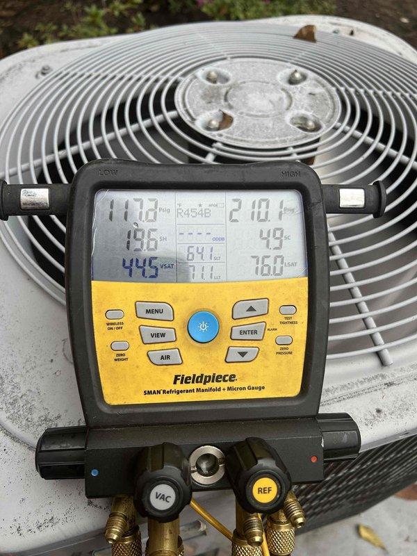 Completed annual Care Plan tune-up on gas furnace and air conditioning system located in crawlspace. Performed comprehensive system diagnostics including refrigerant pressure and temperature analysis, verifying superheat at 196°F and discharge temperature at 210.4°F. Measured supply air temperature at 15.5°F differential through floor register. All system parameters found within acceptable operating ranges, and equipment is functioning properly for continued seasonal operation.