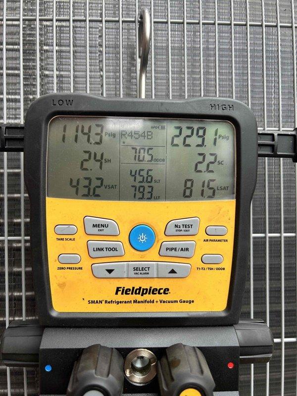 Replaced improperly sized outdoor heat pump unit with correct 2.5 ton system. Pumped down refrigerant into compressor, closed and sealed service valves, and removed original ODU for return to shop. Installed new 2.5 ton heat pump, performed pressure test, evacuated system to proper vacuum levels, and charged unit to manufacturer specifications.