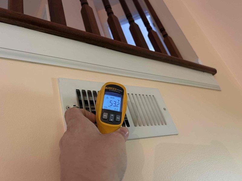 Performed routine HVAC maintenance on heat pump and air handler system located in interior closet. Measured supply air temperature at 53.2°F at register grille and verified system voltage at 4.98V at outdoor unit control board. Customer provides their own 20x20x1 air filters for this equipment.