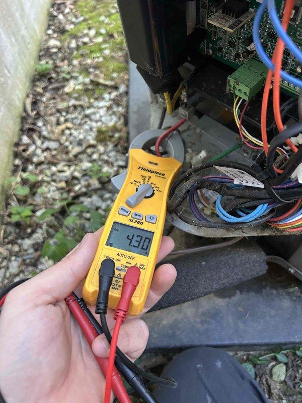 Performed routine HVAC maintenance on heat pump and air handler system located in interior closet. Measured supply air temperature at 53.2°F at register grille and verified system voltage at 4.98V at outdoor unit control board. Customer provides their own 20x20x1 air filters for this equipment.