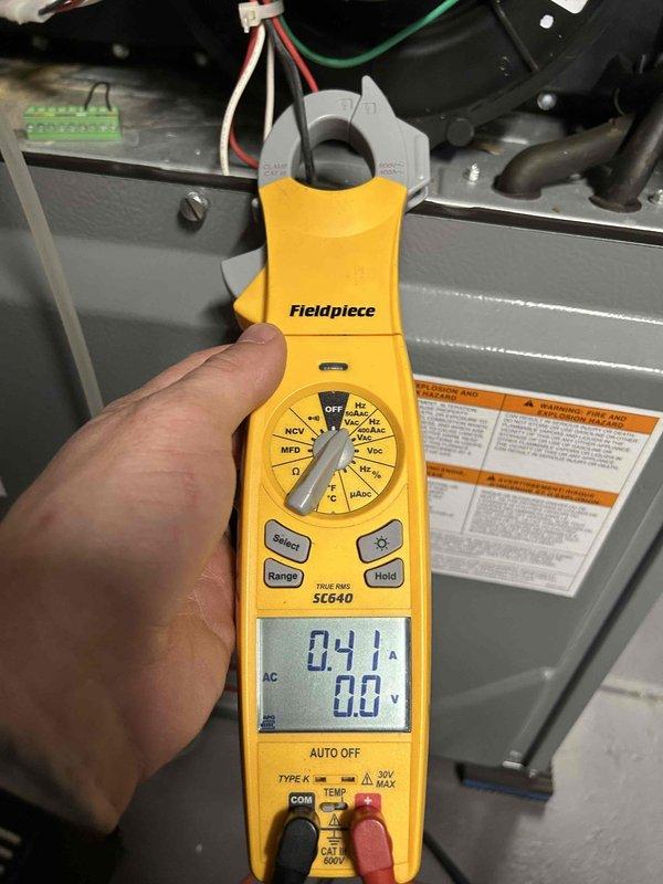 Completed Gold Level prepaid maintenance on a single-system HVAC unit. Performed comprehensive system diagnostics including temperature differential measurements showing 17.1°F at supply ductwork and electrical current testing indicating 0.41 amp draw with proper voltage readings. Inspected all accessible components, verified proper airflow through flexible ductwork, and confirmed system operational parameters are within manufacturer specifications.