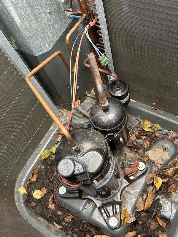 Responded to no cooling complaint on 4-year-old Goodman split system with electric air conditioning and gas furnace. Upon arrival, found outdoor condensing unit with compressor short cycling - unit would start then immediately shut down. Indoor air handler blowing warm air only.

Performed visual inspection of outdoor unit and discovered significant debris accumulation in condensate drain pan area surrounding compressor. Multiple layers of leaves and organic matter had collected around base of compressor and throughout service area. Debris was restricting airflow and creating potential for system contamination.

Inspected condenser coil and found fins partially blocked with environmental buildup and dark coating from prolonged exposure. Checked refrigerant lines showing normal oxidation patina consistent with age. Verified electrical connections and wiring to compressor - all connections secure with no visible damage.

Removed accumulated leaf litter and organic debris from drain pan a