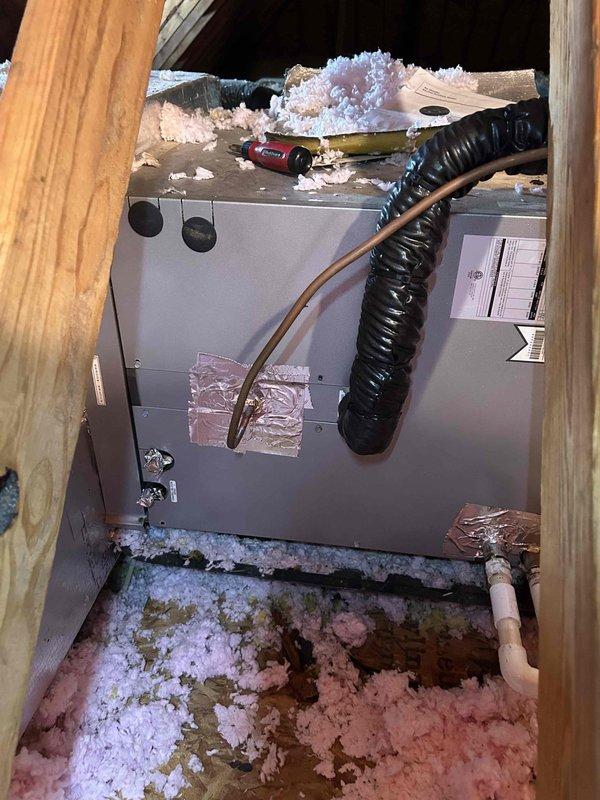 Replaced evaporator coil and TXV kit on attic-mounted air handler. System was accessed through attic space, old components were removed, and new evaporator coil and thermostatic expansion valve were installed per manufacturer specifications. Unit was leak-tested, evacuated, and recharged with proper refrigerant. System tested and confirmed operational with proper airflow and temperature differential.
