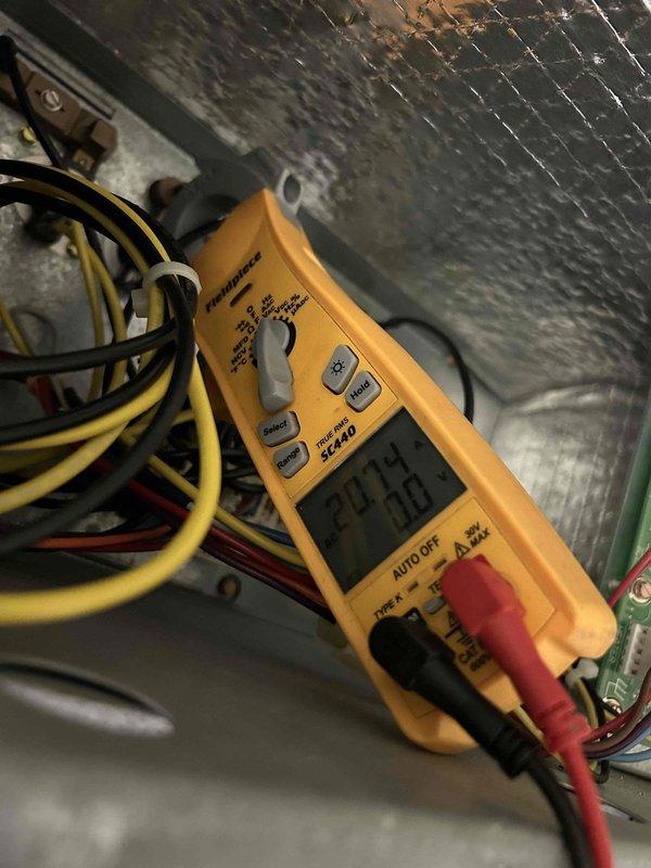 Completed preventative maintenance tune-up on heat pump and air handler system located in basement. Verified system operation with supply air temperature reading of 49.6°F and confirmed proper voltage at 240.8V, ensuring all electrical components and heating/cooling functions are operating within manufacturer specifications.