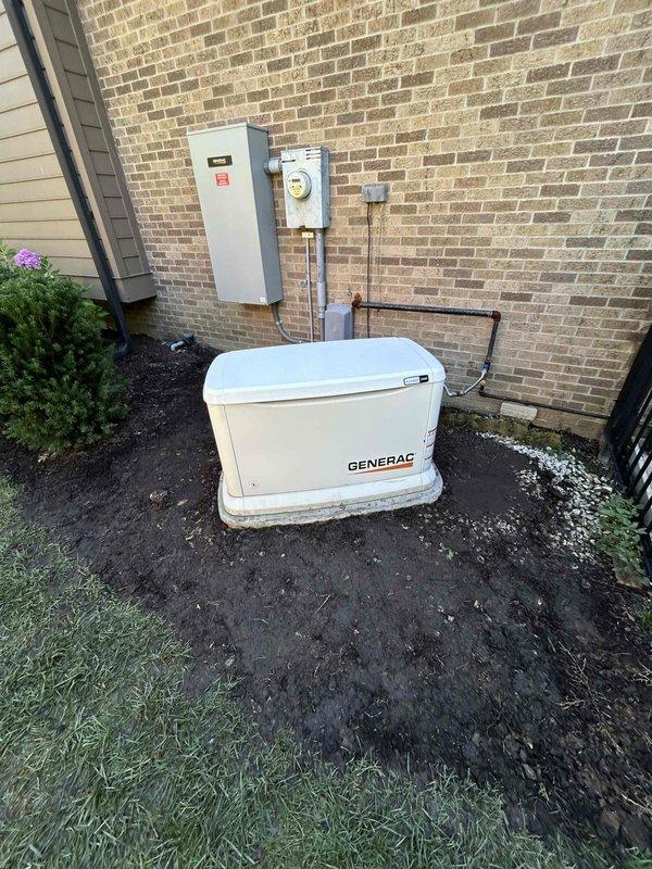 Relocated Generac residential standby generator unit to improved position on concrete pad to optimize airflow circulation and redirect exhaust discharge away from structure. Installed 3/4" rigid fuel pipe connection to accommodate existing flexible fuel line reconnection, ensuring proper fuel supply integration with repositioned generator while maintaining code compliance and manufacturer specifications.