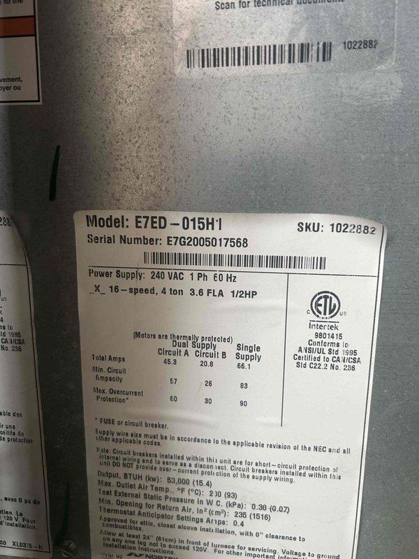 Responded to no cooling complaint on 6-year-old electric heat pump system (Model E7ED-015H1). Customer reported multiple refrigerant additions since installation, recent coil freeze-up that has since thawed, and suspected blower motor failure. Upon arrival, conducted comprehensive system diagnostics including electrical testing, refrigerant pressure checks, and airflow verification. Inspected indoor air handler and outdoor condensing unit, both showing signs of previous service interventions. Documented equipment specifications and current system condition with photographs. Advised customer that manufacturer warranty has expired due to lack of equipment registration within required timeframe. Discussed potential causes of recurring refrigerant loss including possible leak in evaporator coil or refrigerant lines, and evaluated blower motor operation and thermostat functionality to determine necessary repairs for restoring proper cooling operation.