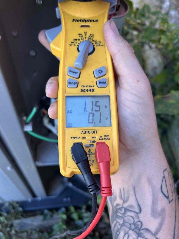Performed comprehensive Care Plan tune-up on air conditioning system in response to concerns about thermostat readings and debris discharge from return filters. Conducted electrical diagnostics using clamp meter, recording amperage draws of 1.15A and 0.52A at various system components to verify proper compressor and blower motor operation. Inspected return air filters and identified debris contamination requiring attention to maintain system efficiency and indoor air quality.
