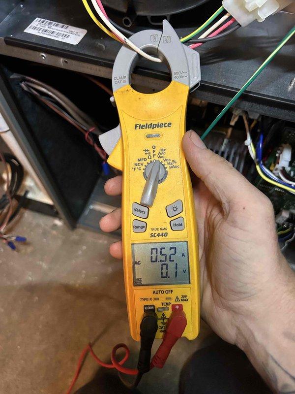 Performed comprehensive Care Plan tune-up on air conditioning system in response to concerns about thermostat readings and debris discharge from return filters. Conducted electrical diagnostics using clamp meter, recording amperage draws of 1.15A and 0.52A at various system components to verify proper compressor and blower motor operation. Inspected return air filters and identified debris contamination requiring attention to maintain system efficiency and indoor air quality.