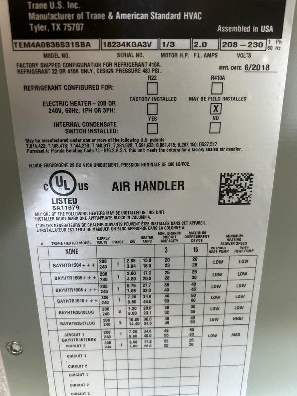 Performed preventive maintenance tune-up on Trane air handler unit (Model TEMA40B36S31SBA, Serial 18234KGA3V, manufactured 6/2018) located in garage as part of recurring care plan service. Conducted comprehensive system inspection including interior ductwork and air handling components, verified unit specifications and operational parameters, and documented equipment condition through photographic records. Customer provided filters for installation as part of routine maintenance protocol.