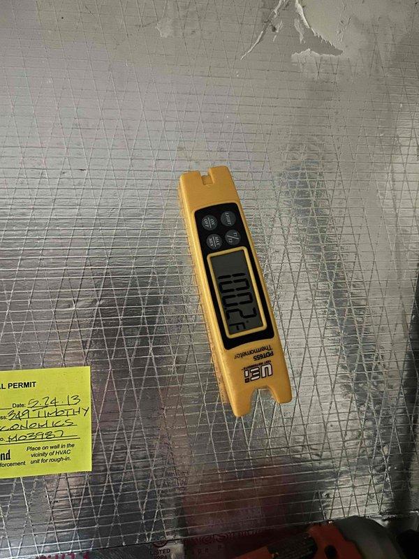 Completed Gold Level preventive maintenance on a 10-year-old heat pump and air handler system located in basement utility closet. Performed comprehensive inspection of ductwork insulation and verified system temperatures using calibrated digital thermometer, documenting equipment conditions and operational parameters per club maintenance protocol.