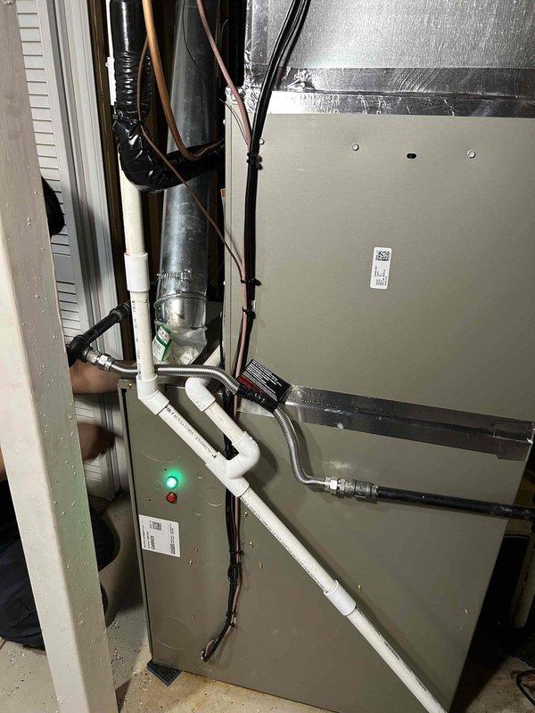 Completed callback to upgrade filter rack system by removing standard tab-style filter rack and installing heavy-duty hinged door filter rack for improved accessibility and durability. Reworked supply transition metal ductwork to ensure proper fit and airflow integration with new filter rack configuration. Installed low-voltage indicator lights on furnace cabinet to display compressor staging status for easier system monitoring and troubleshooting. All components tested and verified operational upon completion.