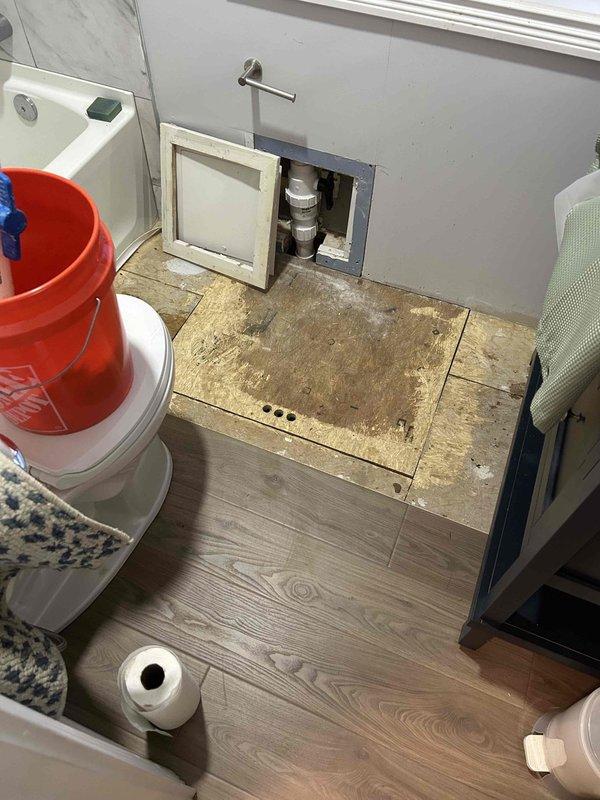 Removed and replaced defective ejector pump system accessed through wall-mounted access panel. Addressed water damage to bathroom flooring caused by pump failure, with visible staining and deterioration to subfloor material. Installed new ejector pump assembly with PVC discharge piping and verified proper drainage function through P-trap configuration. All plumbing connections secured and tested for leaks prior to closing access panel.
