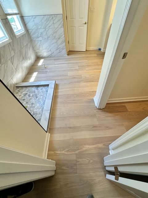 We installed engineered wood in primary bathroom in Fairburn, GA. 