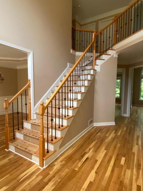 Out at a home in Lawrenceville, GA, where we installed new hardwood throughout home & refinished stair parts to match. Balusters, knuckles & shoes were also installed on stair rail.