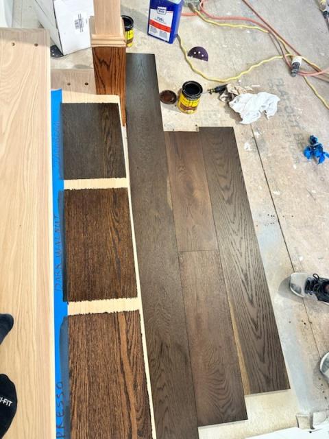 Putting stain samples down for a client at their Wedowee, AL home so we can stain the stairs, handrails, and newels.