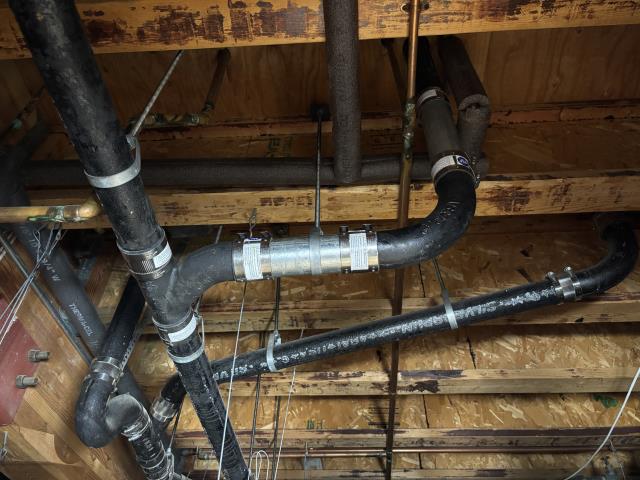 Leaking cast iron drains: During leak detection, tech on site found leaking cast iron drain lines. Bow tie plumbing will remove leaking cast iron drains in ceiling and replace with new cast iron fittings. New material will be from the 2 inch 90 to the combi fitting. In order to replace drains the sink will have to be shut down in the dentist office upstairs. 90 day warranty on workmanship. Leaking trap primer at connection to wall in second floor women’s restroom. Flush valve handle sticking causing water to continuously flow through trap primer resulting in leak downstairs. Bow tie plumbing will remove trap primer and compression fitting at wall to replace with new compression fitting and trap primer with tailpiece. The flushometer will be rebuilt with a new diaphragm, handle internals, vacuum breaker and o ring. 90 day warranty on workmanship.