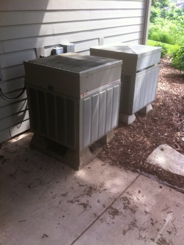 Customer had 20 year old Trane heat pumps. Inspect Trane heat pump,unit low on R-22 refrigerant. Option to leak check and repair or replace Trane heat pump