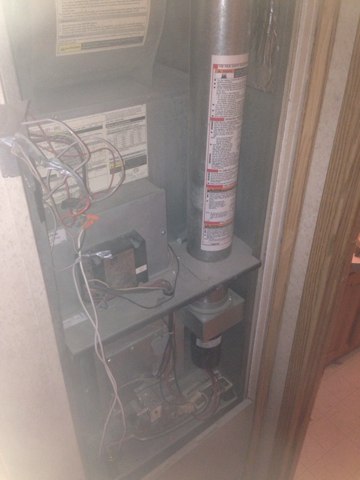 Furnace repair call. 8 year old Intertherm model MMHB-070ABHR-06. Found bad combustion fan. Install new combustion motor and fan. If your furnace is not working. Have your heating system inspected.