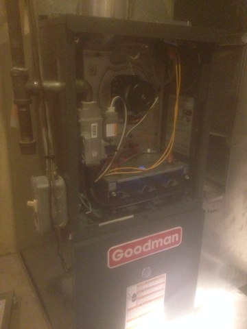 Furnace replacement. Remove 15 year old Rheem furnace. Model RGPH07EAUER. Install new Goodman furnace. Model GMH80603ANBB. 