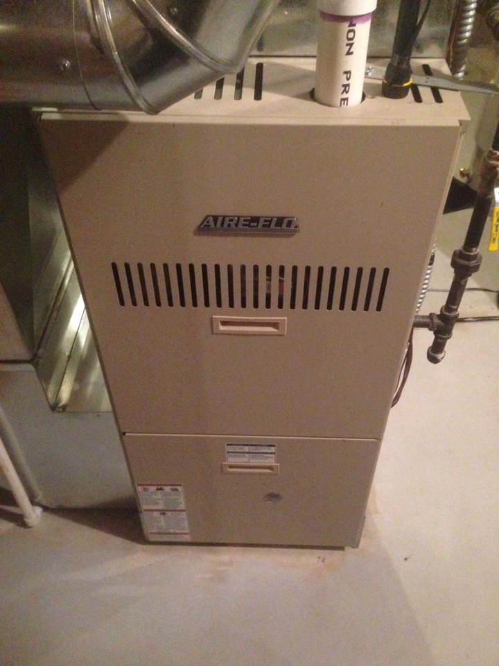 Furnace repair. Customer has a 4 year old Aire-Flo furnace. Model CG92TB09D20C-1. Furnace will light but not stay on. Furnace has a bad air intake. Remove snow and ice from vent. Clean air intake. Pull and clean flame sensor. If your furnace is not working. Call today for service. 