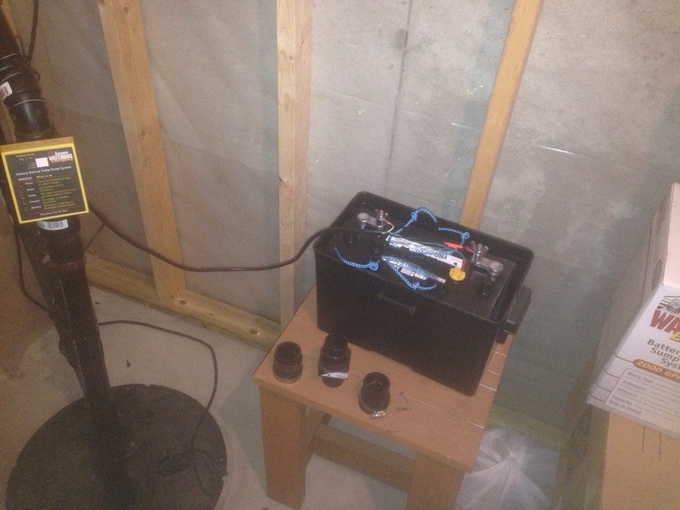 Plumbing repair. Customer has a 4 year old watch dog back up sump pump. Battery is bad on pump. Install a new battery for back up sump pump.
