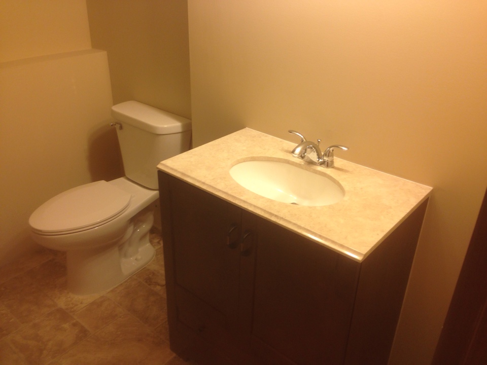 Plumbing fixture install. Install new toilet. Install new vanity and lavatory sink. 
