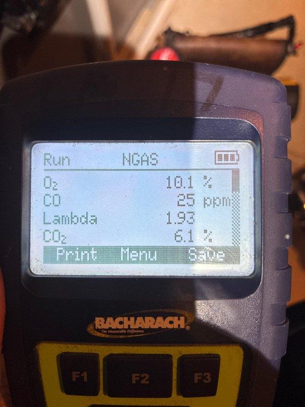 Completed routine maintenance on 5-year-old gas furnace with MVP system. Inspected control board connections and wiring harnesses for proper operation. Performed combustion analysis with readings of O2 10.1%, CO 25ppm, CO2 6.1%, with Lambda at 1.93, confirming unit is operating within manufacturer specifications.