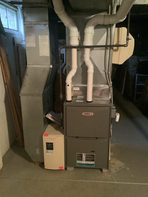 Performed scheduled maintenance on 3-year-old Lennox furnace system. Inspected electrical connections, control board, and wiring for proper operation. Visual examination confirmed all PVC venting components are properly installed with appropriate clearances. System is functioning as designed with no issues detected.