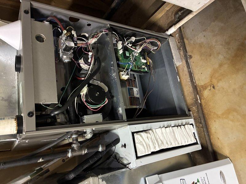 Completed preventive maintenance tune-up on customer's furnace. Inspected and serviced internal components including circuit board, electrical connections, and blower assembly. Checked wiring harness integrity and examined control panel functionality. System is operating correctly with no issues identified.