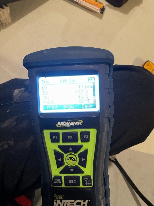 Performed comprehensive furnace maintenance on Lennox heating system for MVP customer. Conducted combustion analysis using Bacharach INTECH analyzer, confirming proper operation with readings of 13 ppm CO, 9.8% O2, and 4.1% CO2 on natural gas. Inspected ventilation system including PVC exhaust pipes and associated ductwork, verifying all components functioning correctly.