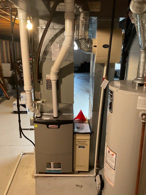Performed comprehensive furnace maintenance on Lennox heating system for MVP customer. Conducted combustion analysis using Bacharach INTECH analyzer, confirming proper operation with readings of 13 ppm CO, 9.8% O2, and 4.1% CO2 on natural gas. Inspected ventilation system including PVC exhaust pipes and associated ductwork, verifying all components functioning correctly.