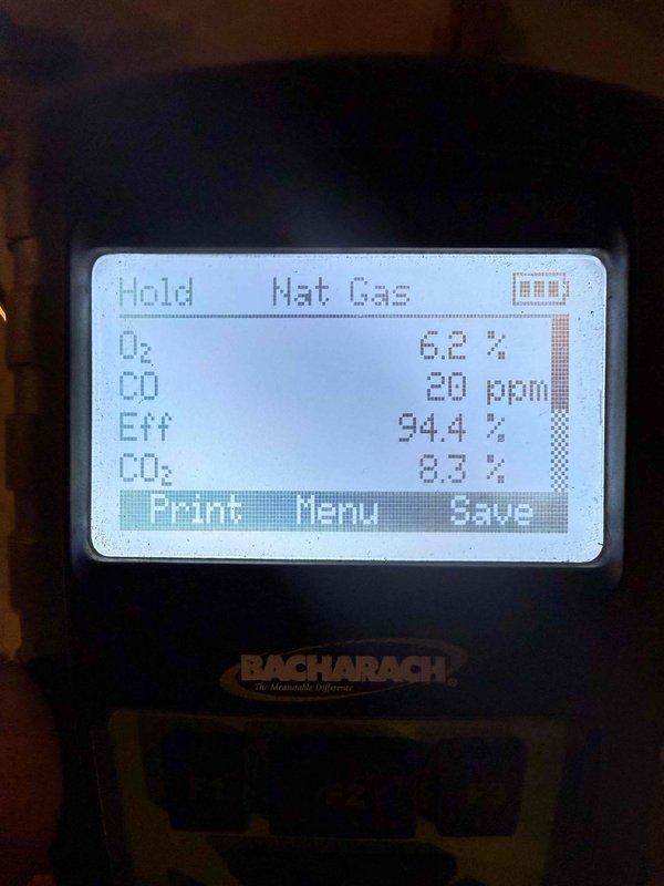 Completed annual maintenance on 14-year-old gas furnace rescheduled from October. Performed combustion analysis showing excellent efficiency at 94.4% with safe CO levels (20 ppm). Inspected and verified proper functioning of all mechanical components and connections.
