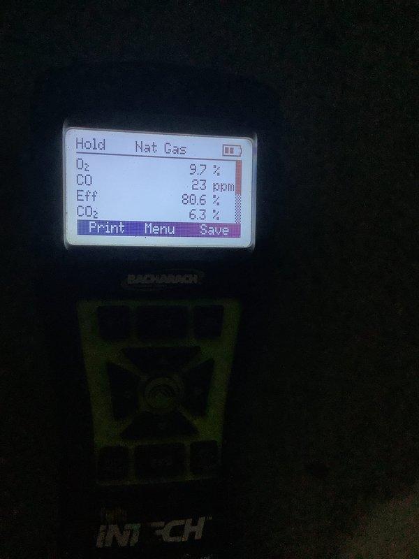 Performed scheduled furnace maintenance service, renewing customer's maintenance membership during the visit. Conducted comprehensive system inspection, including examination of internal components and blower assembly. Completed combustion analysis testing with readings of 9.7% natural gas, 23 ppm CO, 80.6% efficiency, and 6.3% CO₂, confirming unit is operating within acceptable parameters.