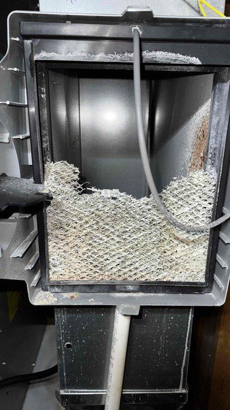 Performed annual maintenance on 14-year-old furnace. Noted significant accumulation of filter media in interior compartment requiring cleaning. Accessed internal components with service tool to complete thorough inspection and tune-up service.