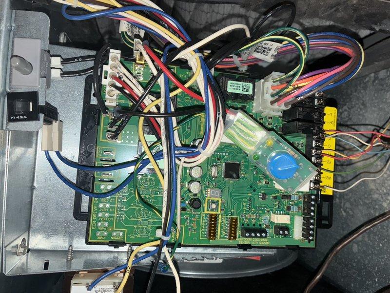 Performed annual furnace maintenance service, which included inspection of pleated air filtration system and control board assembly. Examined electronic components and wiring connections on PCB for proper functionality. Filter showed normal dust accumulation consistent with regular operation.