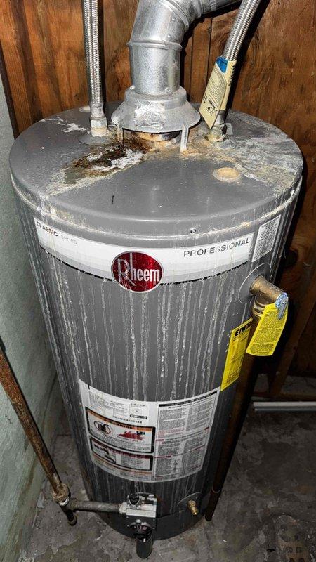 Responded to customer complaint of furnace blowing cold air. Upon inspection, identified the problem was not with the furnace but with the Rheem Professional water heater showing signs of corrosion at connection points. Tested gas pressure with manometer, recording readings of 309 and 399 inWC, confirming improper pressure levels. Adjusted pressure settings to manufacturer specifications to restore proper heating function.