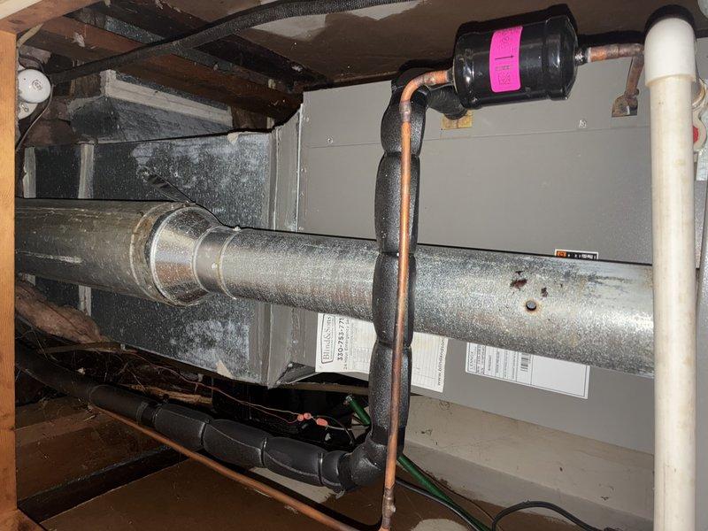 Completed routine HVAC maintenance on 6-year-old heating system. Inspected control board connections and electrical components, confirming proper wiring integrity across all circuits. Examined ductwork, condensate drainage system, and refrigerant lines, all functioning within normal parameters.