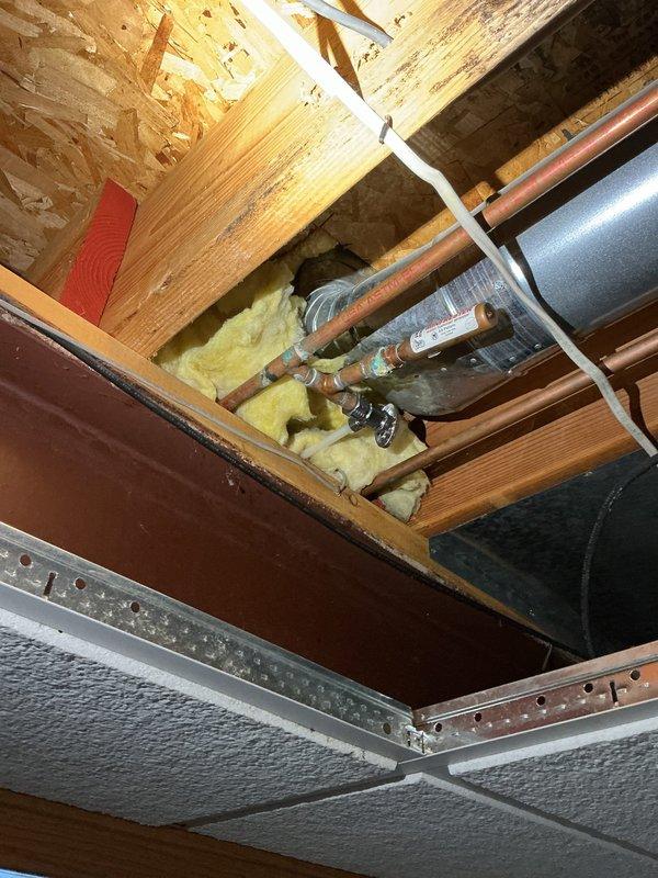 Inspected customer-supplied dishwasher installation site and identified flexible plumbing lines running behind lazy susan cabinet. Assessed existing copper pipe infrastructure and examined current connection points. Recommended replacement of flexible hoses due to visible wear and inadequate routing.