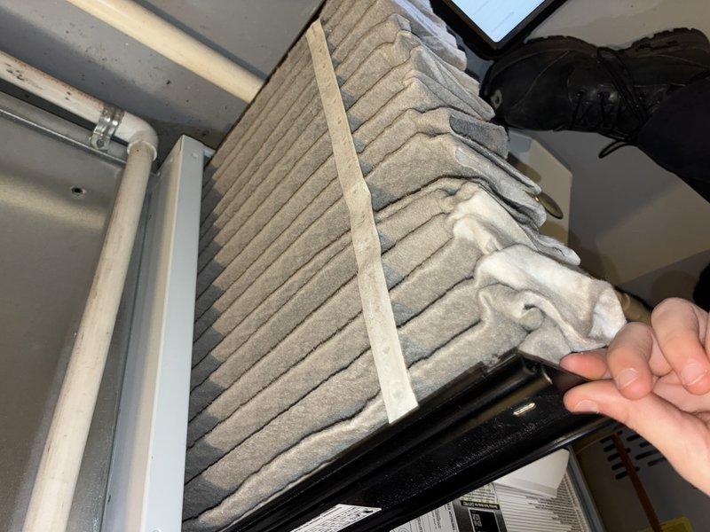 Performed scheduled preventative maintenance on 6-year-old BS-MVP heating system. Replaced severely clogged air filter which was restricting airflow. Inspected blower motor, control board and electrical connections - all components functioning properly with no issues detected.